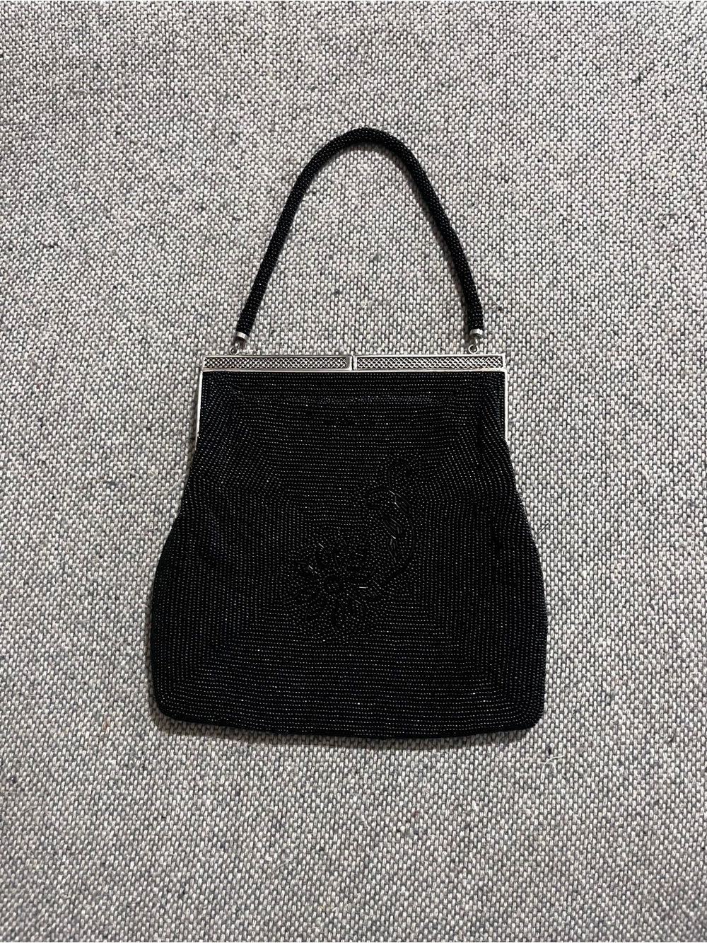 Vintage 1950s Black Beaded Top Handle Japan Silk Evening Bag Macy’s Kiss Lock